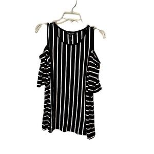 Cable & Gauge Top Women's Medium Black White Striped Cold Shoulder Round Neck